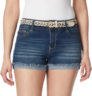 WallFlower Women's Luscious Curvy Denim Shorts Mid-Rise Bling and Belted Insta Stretch Juniors (Standard and Plus)