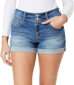 WallFlower Women's Luscious Curvy Denim Shorts Mid-Rise Bling and Belted Insta Stretch Juniors (Standard and Plus)