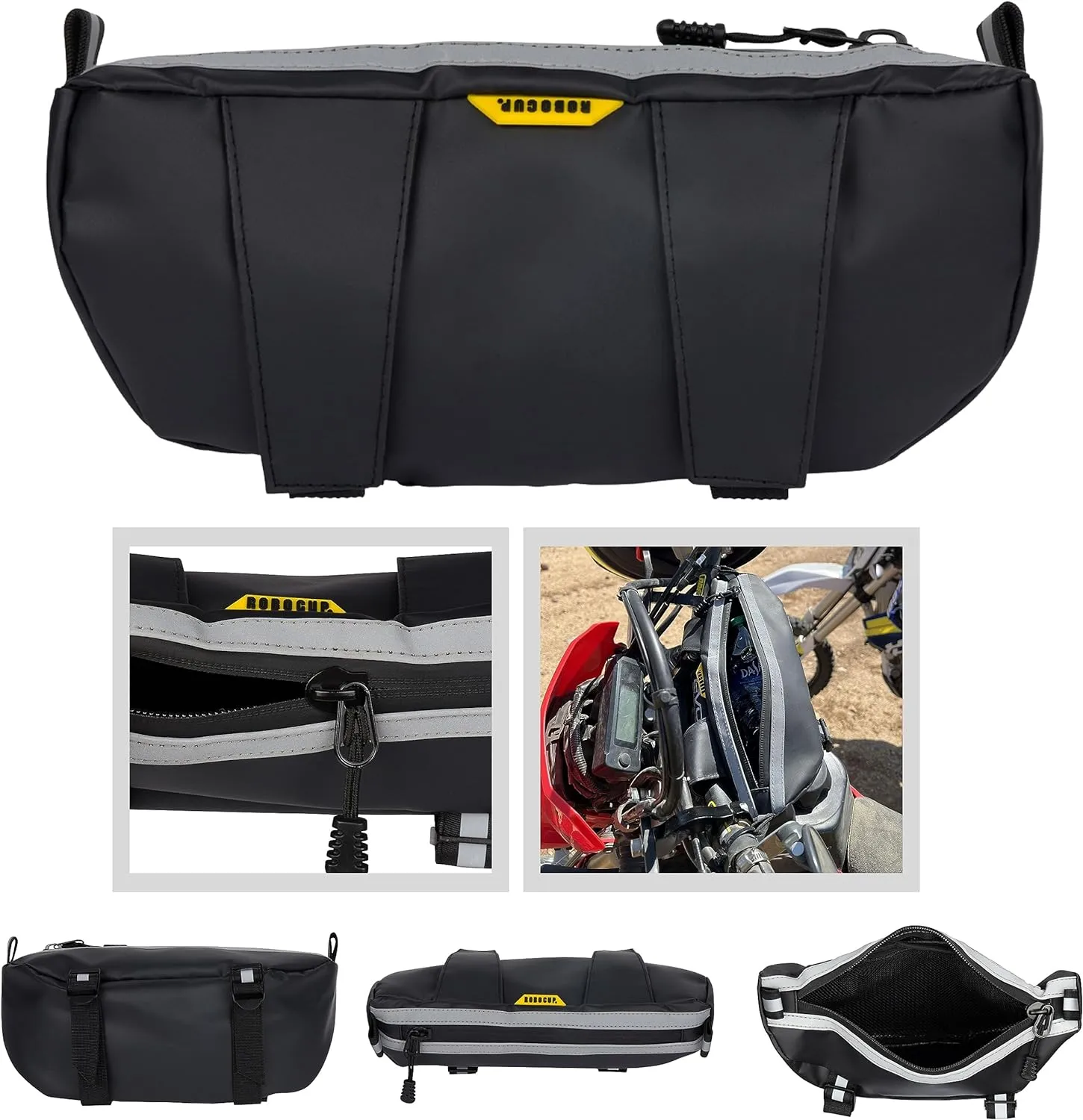 Waterproof Handlebar Bag for Motorcycles, Dirt Bikes, ATV, eBikes | 2L Storage for Tools, Phone, Keys, Snacks | Heavy-Duty PVC, Reflective Stripes, Glove-Friendly Zipper, Giant Loop Ends