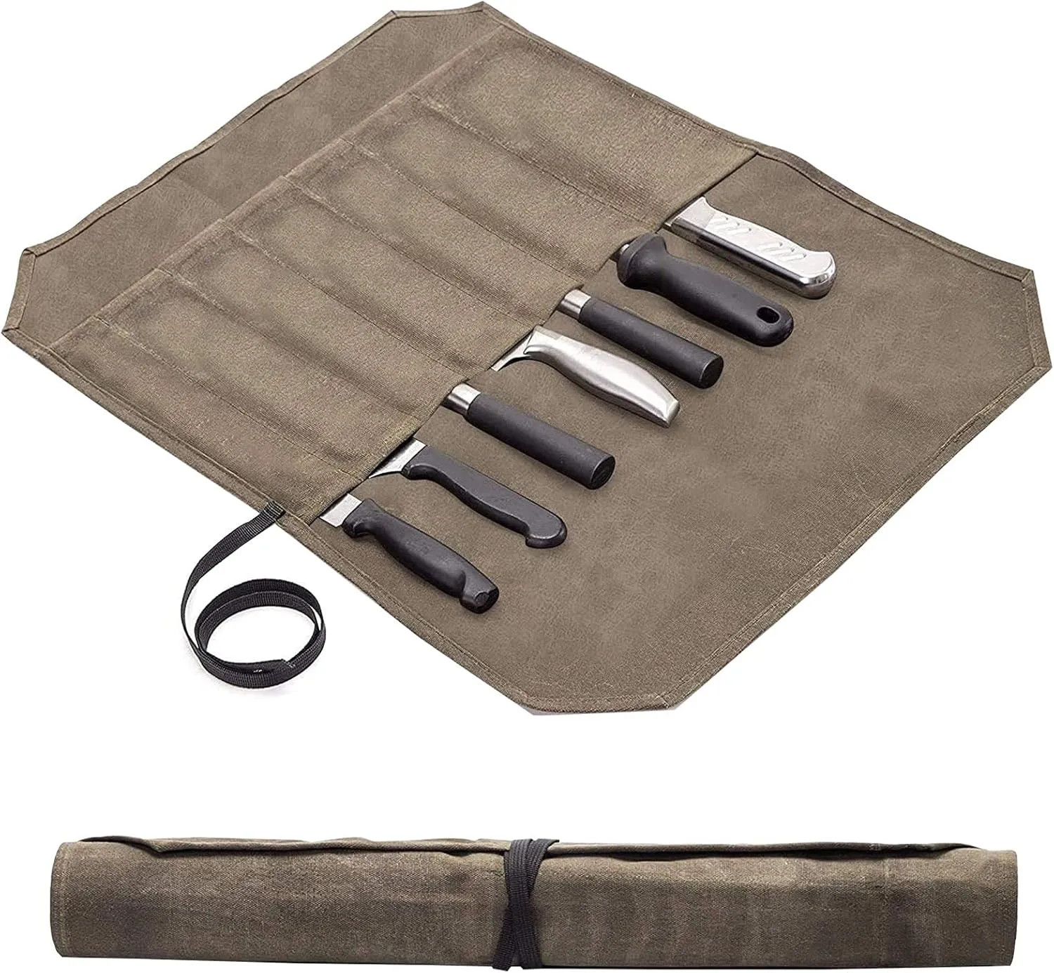 Waxed Canvas Chef Knife Roll Bag Case,Heavy Duty Knife Roll Bag Storage Knife Cutlery Tool Bag Case with 6 Slots Knife Cultery Carrier For Chefs