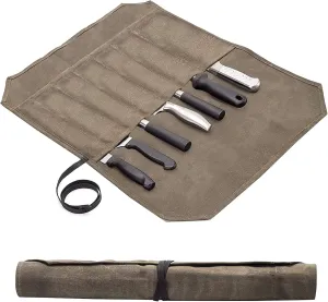 Waxed Canvas Chef Knife Roll Bag Case,Heavy Duty Knife Roll Bag Storage Knife Cutlery Tool Bag Case with 6 Slots Knife Cultery Carrier For Chefs