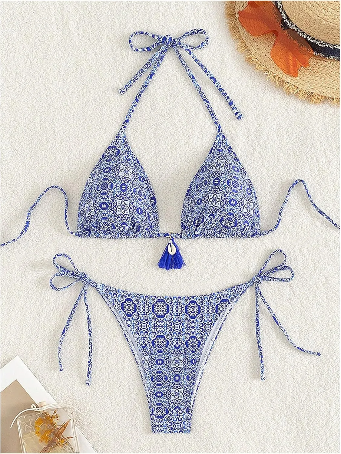 WDIRARA Women's 2 Piece Floral Print Swimsuits Geometric Halter String Triangle Bikini Set Beach Bathing Suit