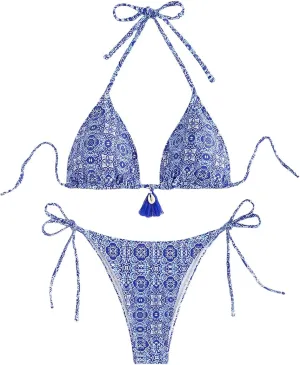 WDIRARA Women's 2 Piece Floral Print Swimsuits Geometric Halter String Triangle Bikini Set Beach Bathing Suit