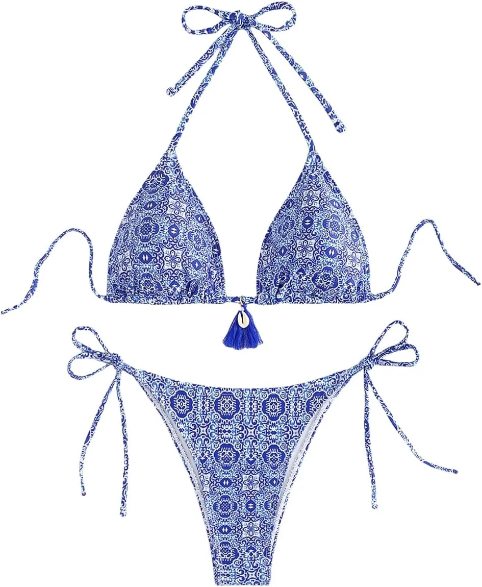 WDIRARA Women's 2 Piece Floral Print Swimsuits Geometric Halter String Triangle Bikini Set Beach Bathing Suit