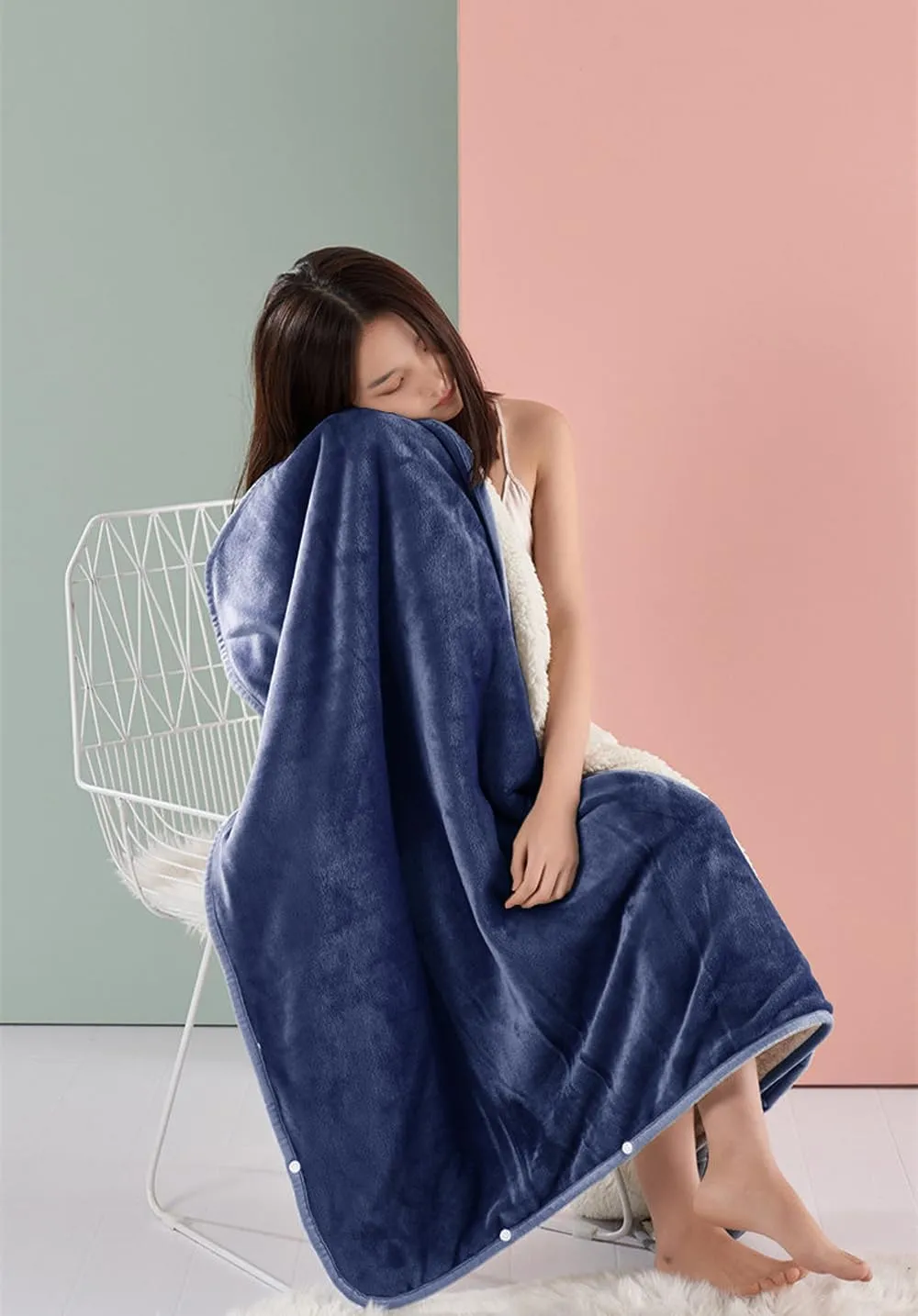 Wearable Blanket Shawl Coral Throw Soft Sherpa Poncho Wrap Sofa Snap Button Closure Warm Office Nap Sleeping Home Watching TV Air Conditioning Blanket Cape Cover Bed Sofa Car Blanket (Navy Blue)