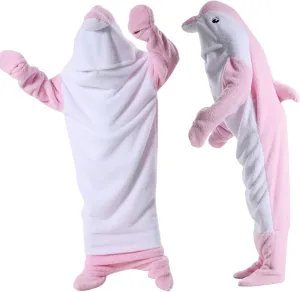 Wearable Shark Blanket Onesie for Adult Hoodie, Super Soft Comfortable Shark Costume, Pink Dolphin S