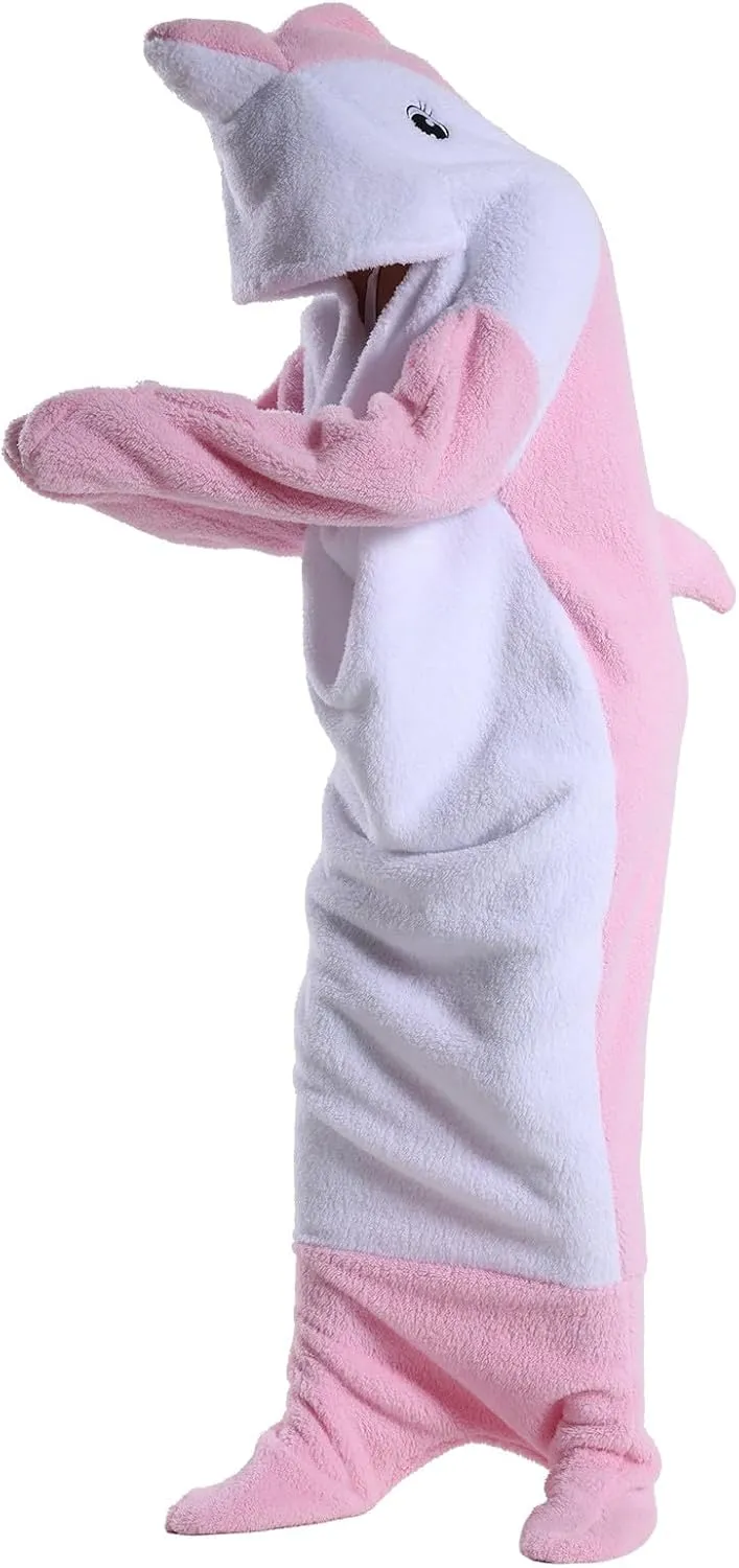 Wearable Shark Blanket Onesie for Adult Hoodie, Super Soft Comfortable Shark Costume, Pink Dolphin S