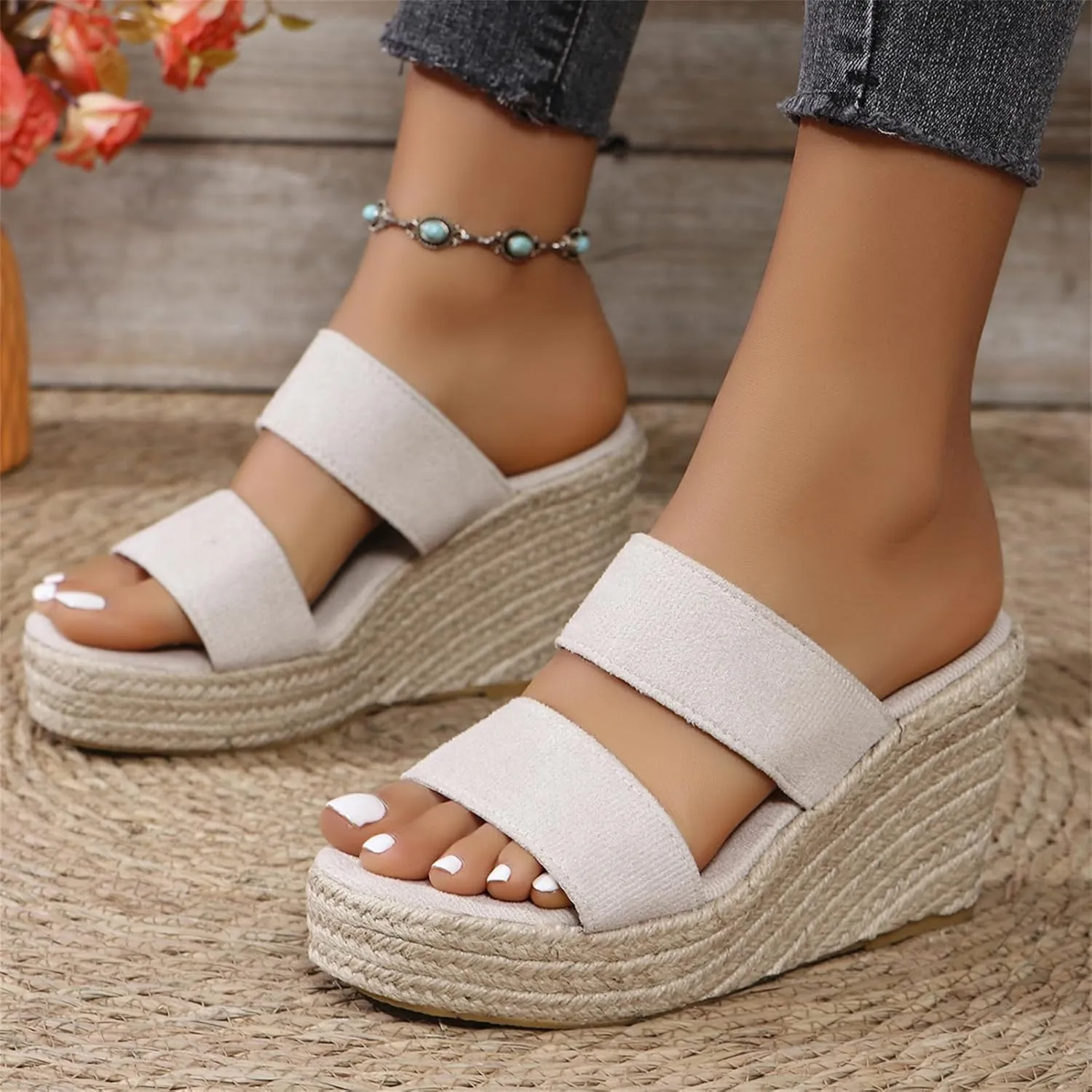 Wedge Sandals for Women 2025 Comfortable Orthopedic Slip on Sandals Open Toe Raffia Slippers Summer Casual Chunky Sandal Outdoor Shoes