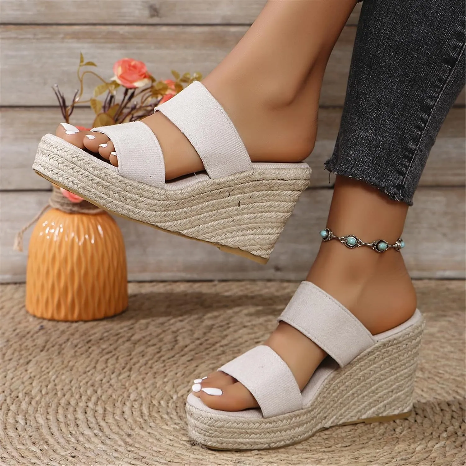 Wedge Sandals for Women 2025 Comfortable Orthopedic Slip on Sandals Open Toe Raffia Slippers Summer Casual Chunky Sandal Outdoor Shoes