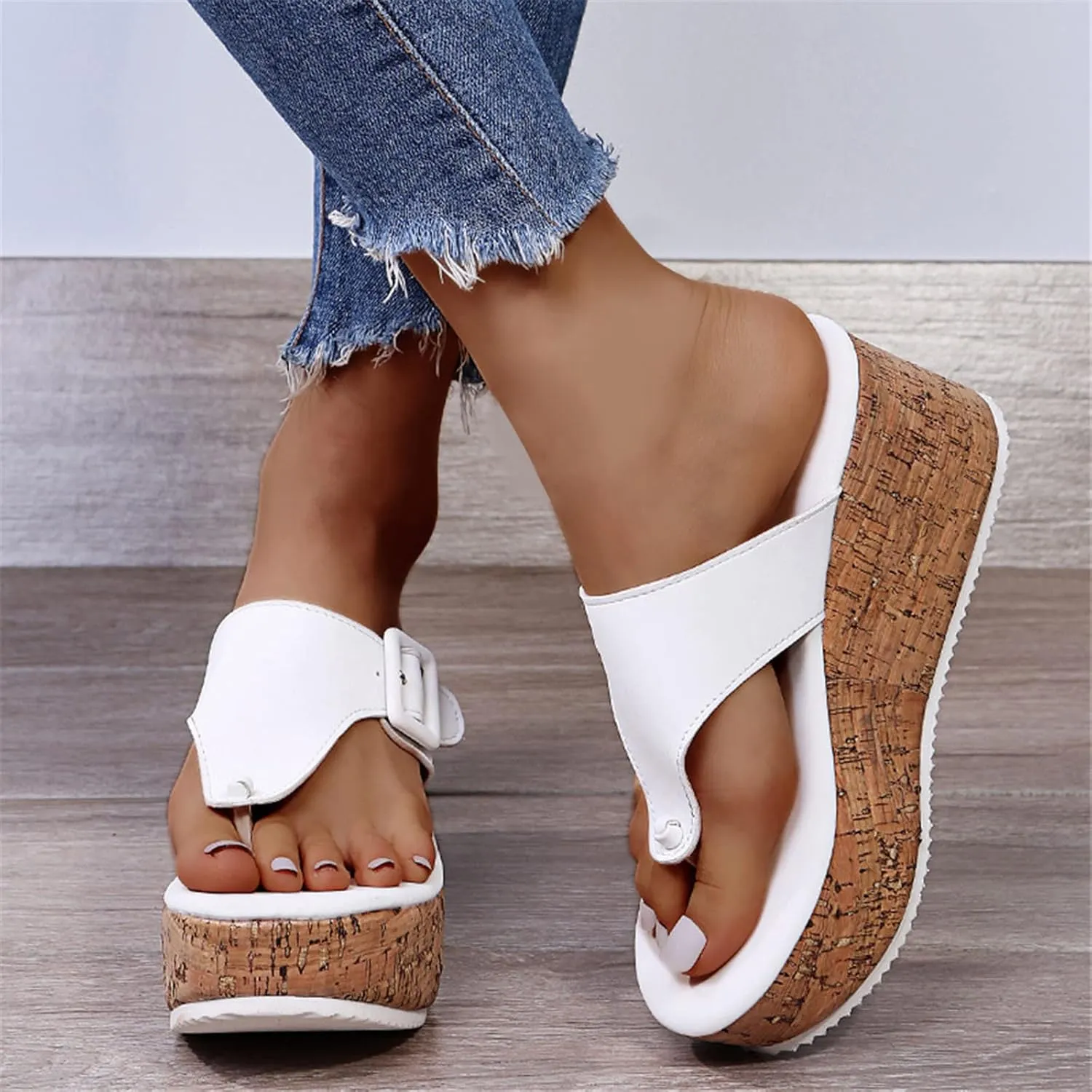 Wedge Sandals for Women Summer Cork Platform Thong Slides Backless Casual High Heeled Flip Flops Beach Walking Shoes