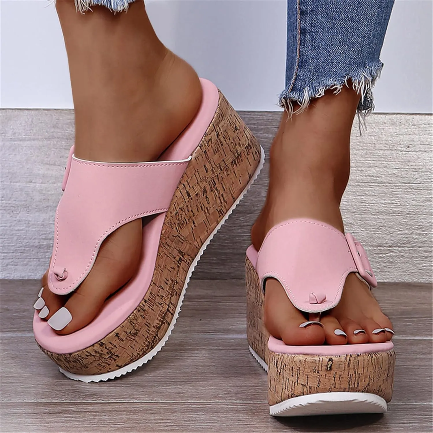 Wedge Sandals for Women Summer Cork Platform Thong Slides Backless Casual High Heeled Flip Flops Beach Walking Shoes