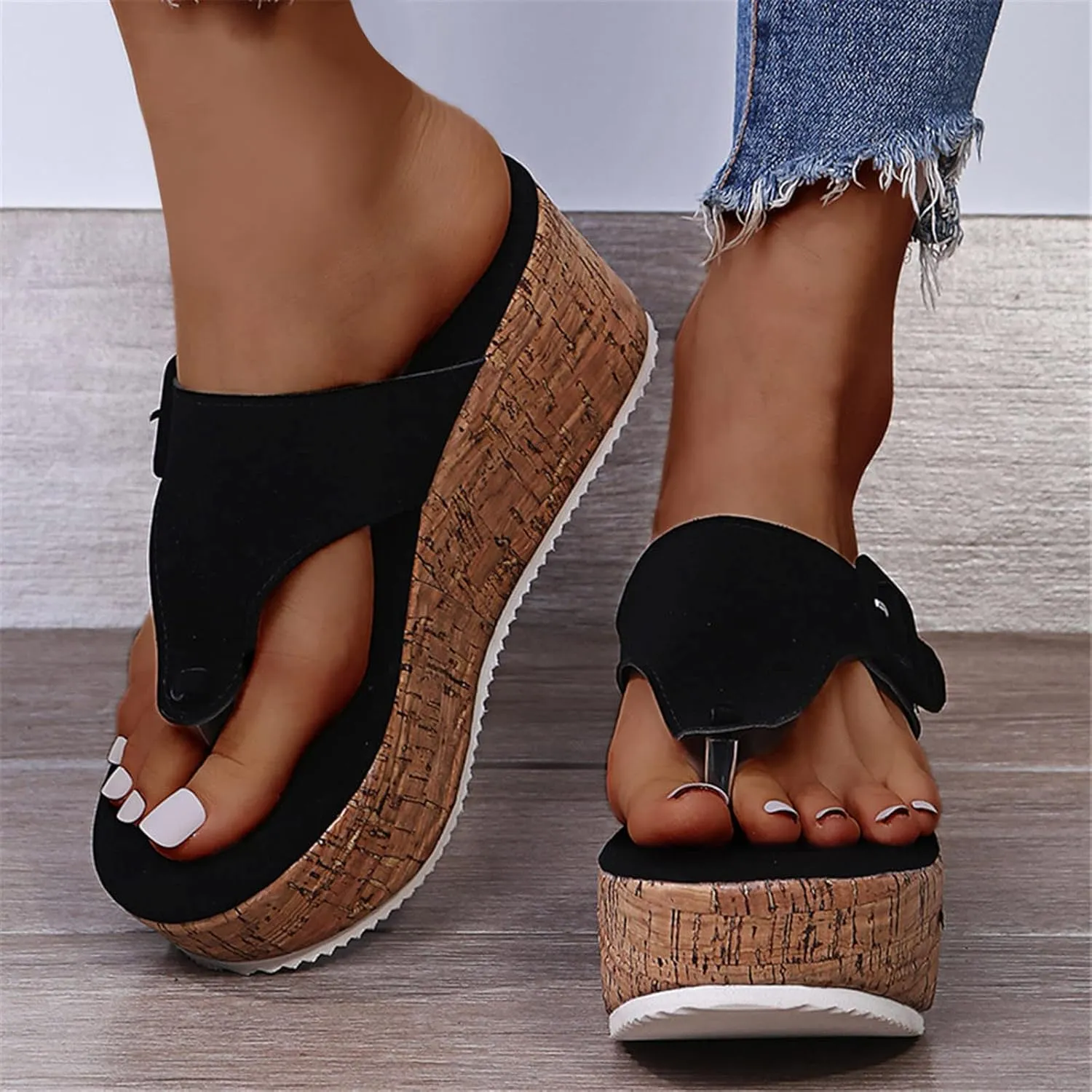 Wedge Sandals for Women Summer Cork Platform Thong Slides Backless Casual High Heeled Flip Flops Beach Walking Shoes