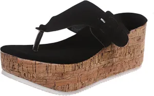 Wedge Sandals for Women Summer Cork Platform Thong Slides Backless Casual High Heeled Flip Flops Beach Walking Shoes