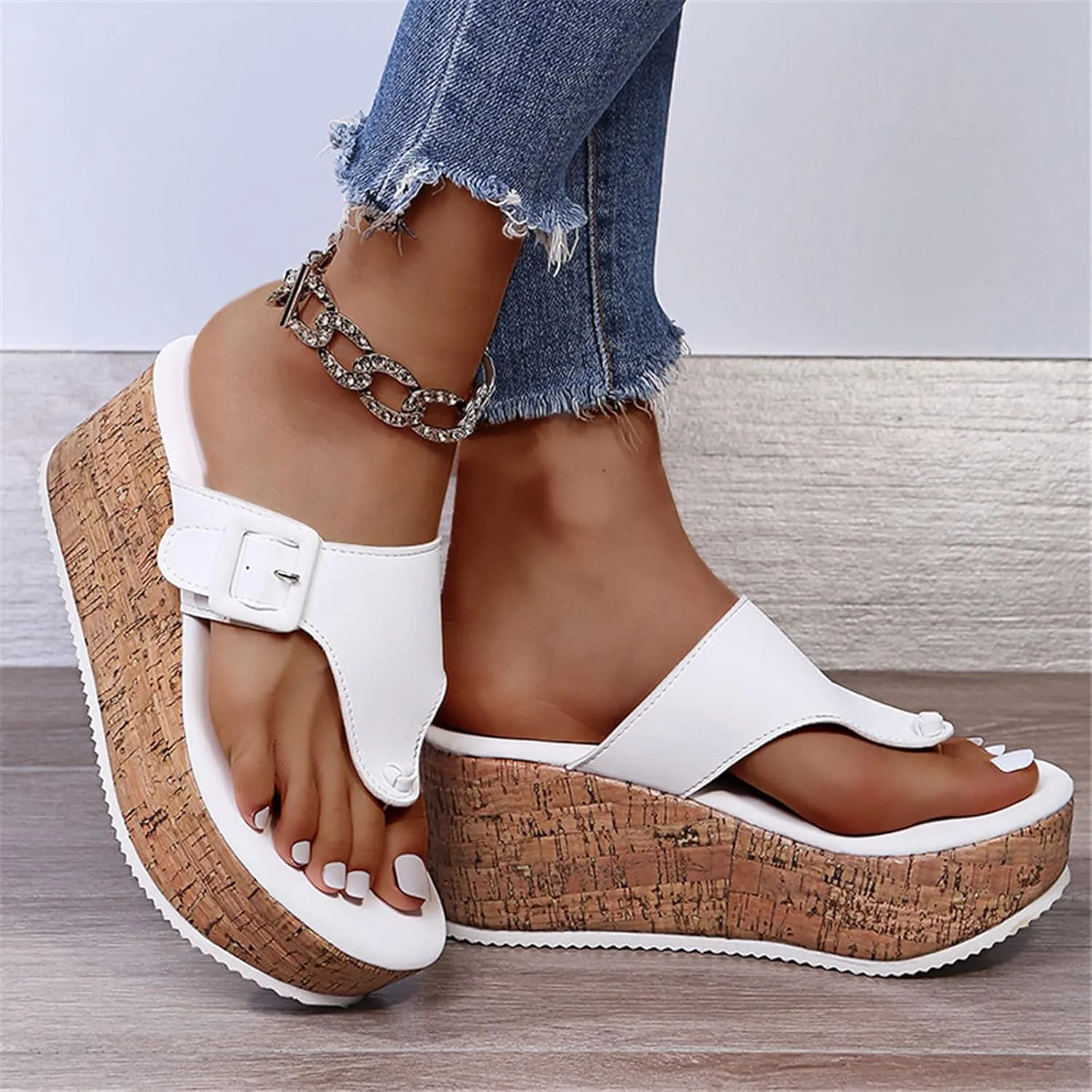 Wedge Sandals for Women Summer Cork Platform Thong Slides Backless Casual High Heeled Flip Flops Beach Walking Shoes