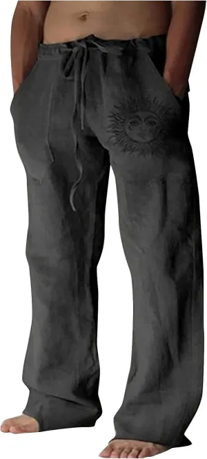 WENKOMG1 Mens Cotton Linen Pants,Wide Leg Drawstring Closure Pull On Trousers Loose Fit Baggy Lounge Wide Leg Bottoms