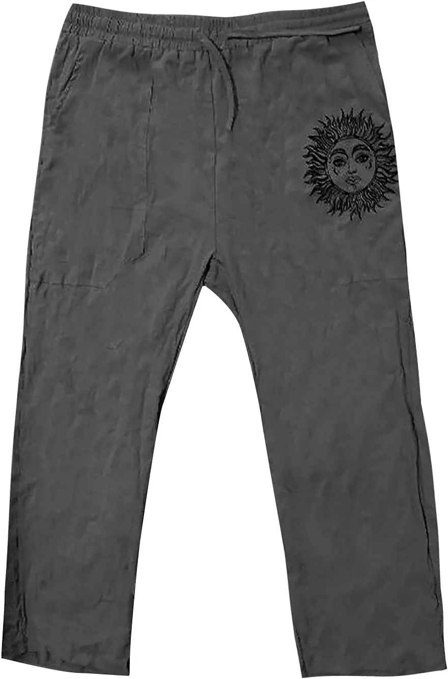 WENKOMG1 Mens Cotton Linen Pants,Wide Leg Drawstring Closure Pull On Trousers Loose Fit Baggy Lounge Wide Leg Bottoms
