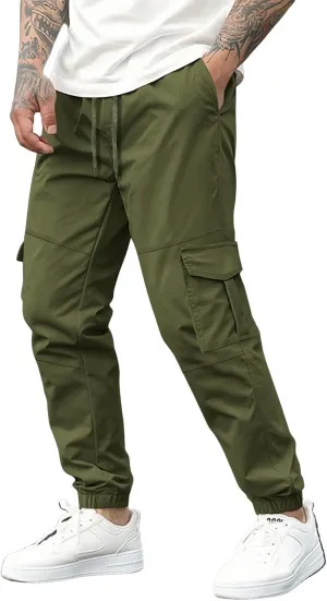 WENKOMG1 Tactical Pants for Men Elastic Ankle and Waist Drawstring Casual Cargo Pants Basic Summer Multipockets Workwear