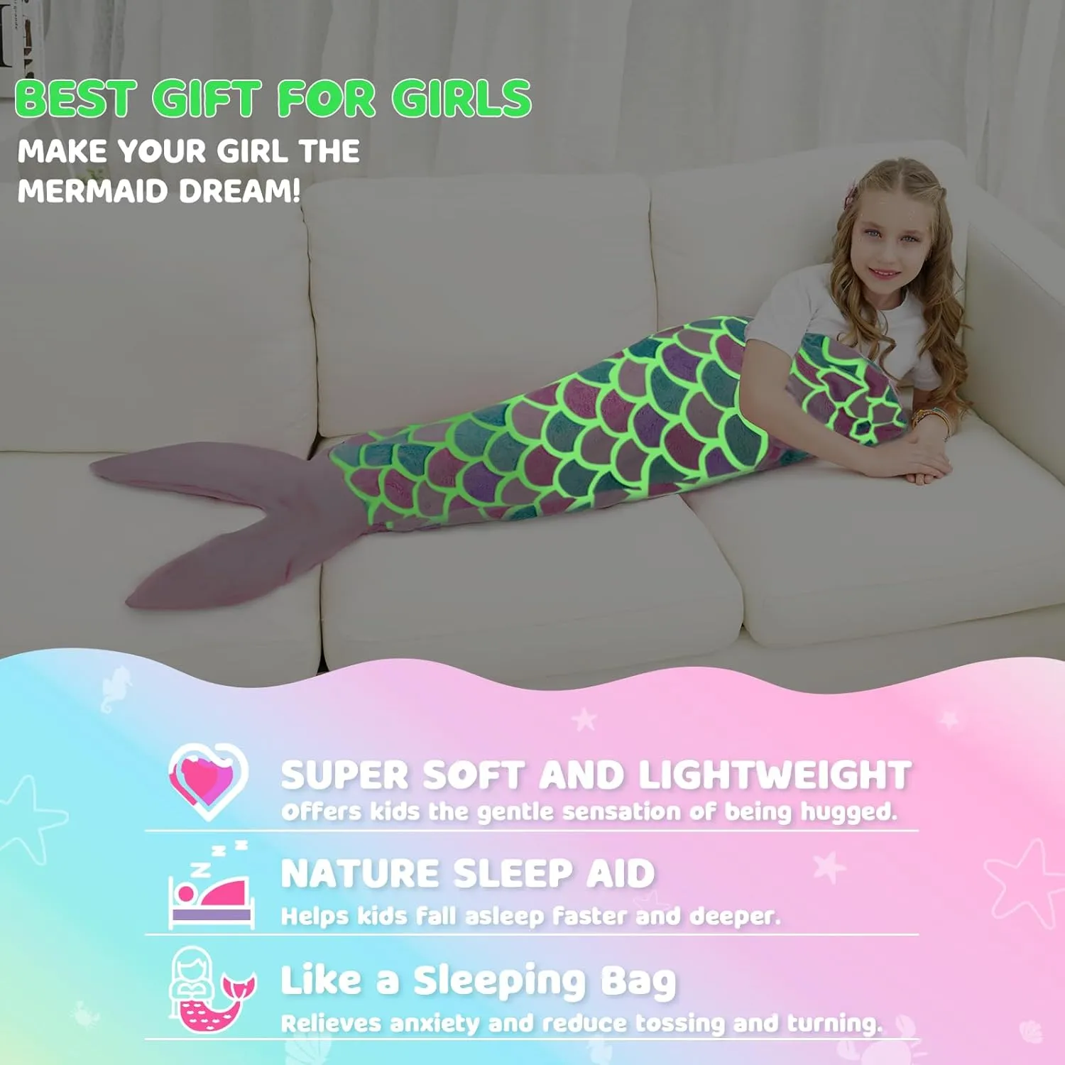 WERNNSAI Mermaid Tail Blanket - Wearable Mermaid Glow in The Dark Blanket for Girls Toddler Soft Flannel Snuggle Throw Mermaid Sleeping Bag for Kids Birthday (43.3” x 15.7”)