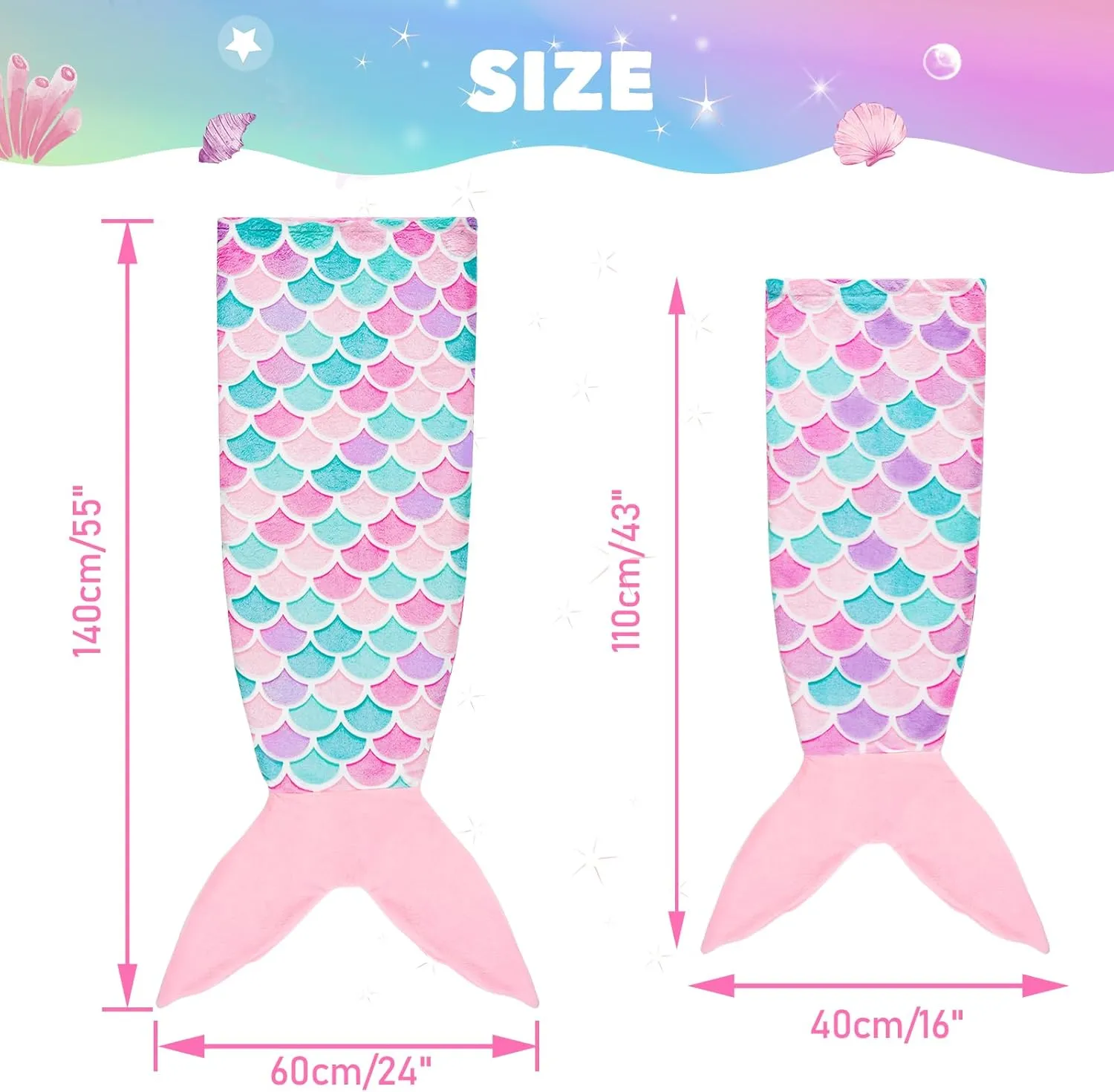 WERNNSAI Mermaid Tail Blanket - Wearable Mermaid Glow in The Dark Blanket for Girls Toddler Soft Flannel Snuggle Throw Mermaid Sleeping Bag for Kids Birthday (43.3” x 15.7”)