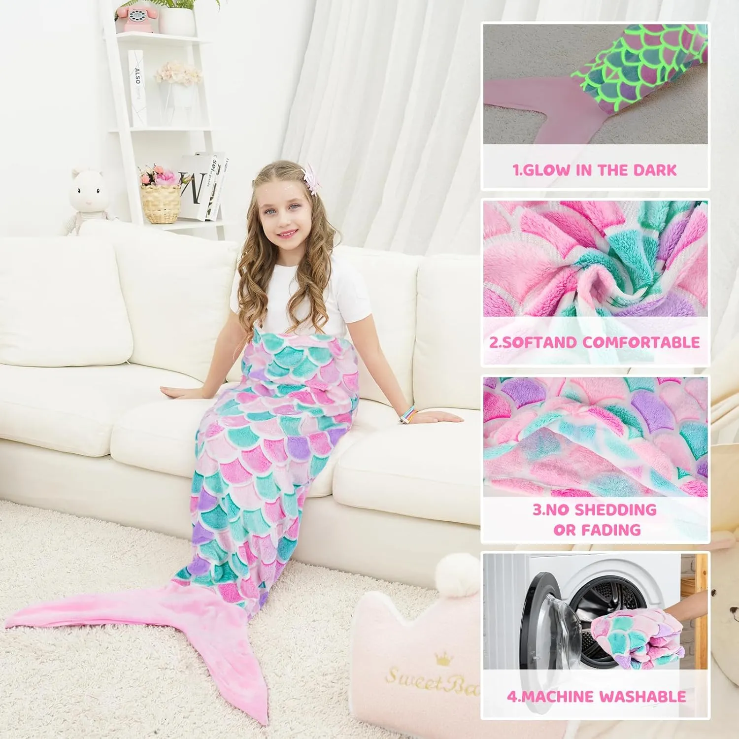 WERNNSAI Mermaid Tail Blanket - Wearable Mermaid Glow in The Dark Blanket for Girls Toddler Soft Flannel Snuggle Throw Mermaid Sleeping Bag for Kids Birthday (43.3” x 15.7”)