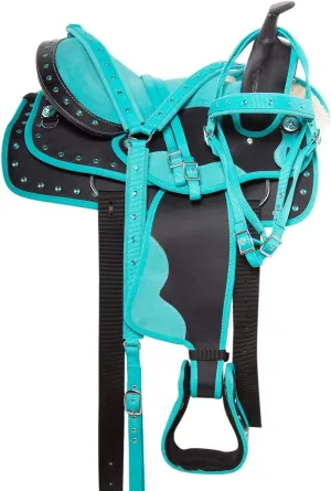 Western Horse Saddle Synthetic Cordura Pleasure Trail Barrel Racing Tack Set Kids Adult 10" to 18" Seat Torquoise