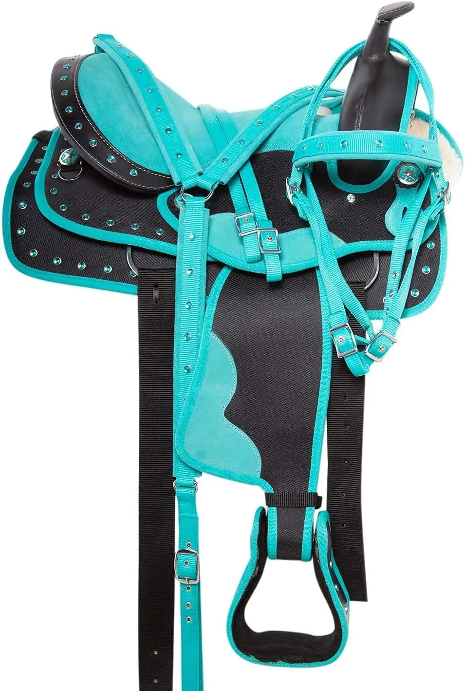 Western Horse Saddle Synthetic Cordura Pleasure Trail Barrel Racing Tack Set Kids Adult 10" to 18" Seat Torquoise