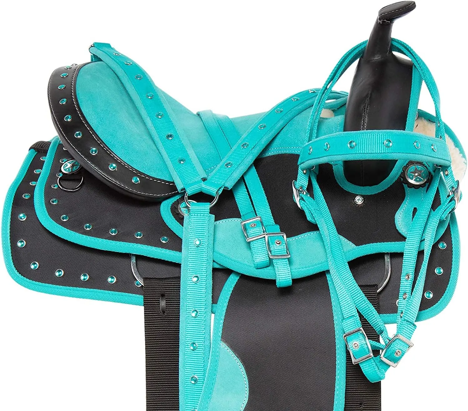 Western Horse Saddle Synthetic Cordura Pleasure Trail Barrel Racing Tack Set Kids Adult 10" to 18" Seat Torquoise