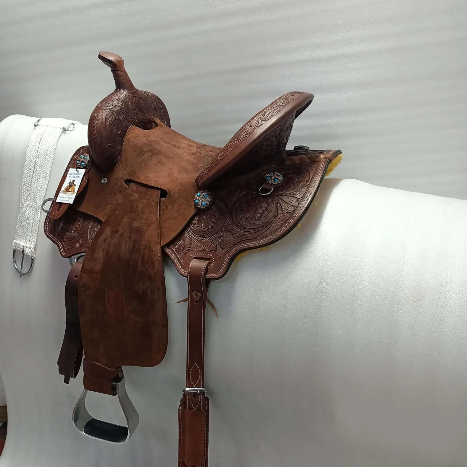 Western Leather Barrel Saddle Available from 10" to 18" with Combo Matching Headstall, Breast Collar, Front and Back Cinches Copper Rivets & Conchos (10 to 18 inches)