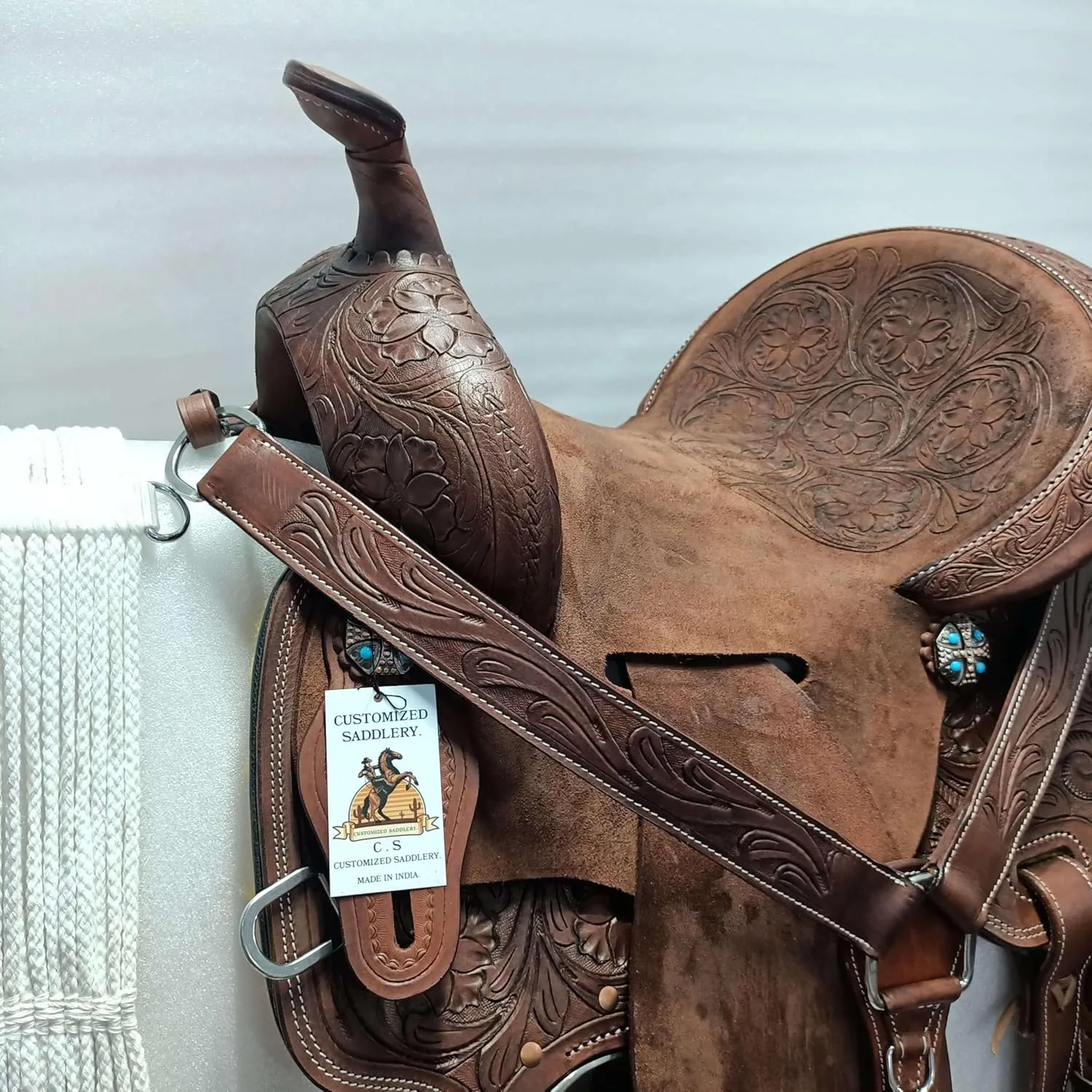 Western Leather Barrel Saddle Available from 10" to 18" with Combo Matching Headstall, Breast Collar, Front and Back Cinches Copper Rivets & Conchos (10 to 18 inches)