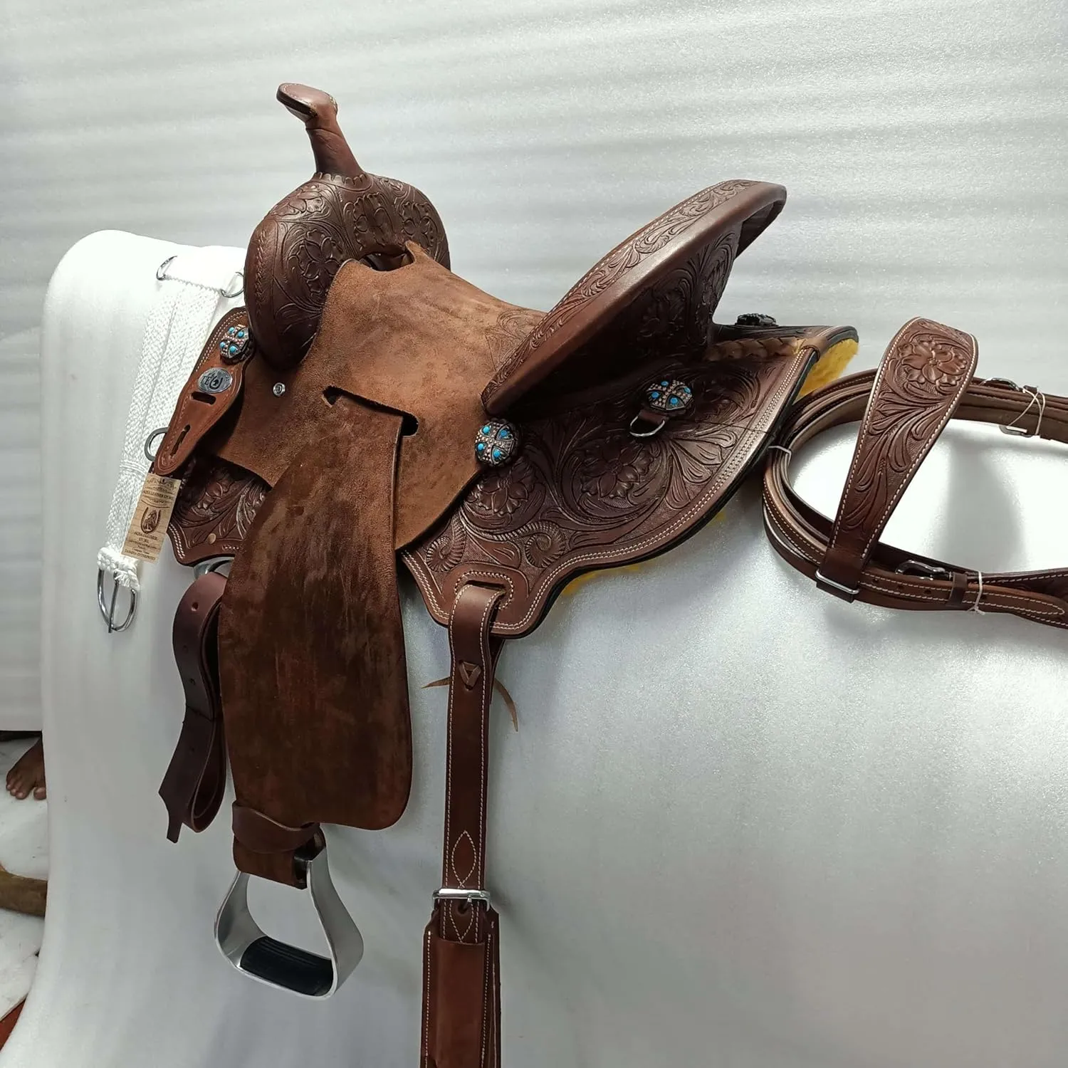 Western Leather Barrel Saddle Available from 10" to 18" with Combo Matching Headstall, Breast Collar, Front and Back Cinches Copper Rivets & Conchos (10 to 18 inches)