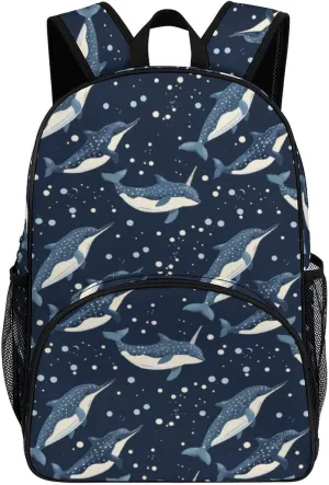 Whales Orcas Narwhals On Navy Backpack Print Laptop Bag Shoulder Bags Travel Casual Daypacks For Women Men