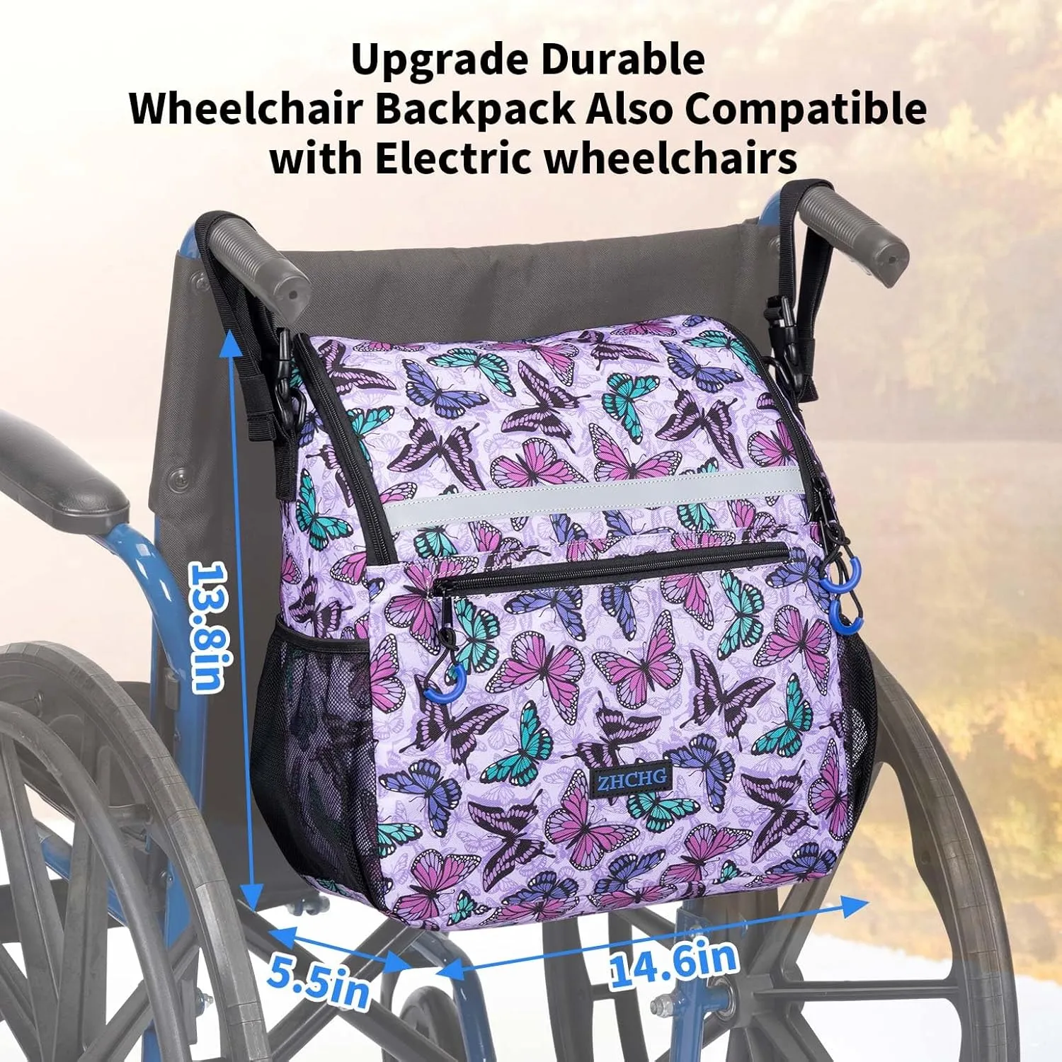 Wheelchair Bags, Wheelchair Backpack with Cup Holder, Wheelchair Bags to Hang on Back, Electric Wheel Chair Accessories, Large Storage Bag for Walker Rollator