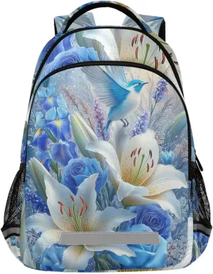 White Blue Flowers Bird Lilies Roses Backpack for Boys Girls Elementary School Bag Kids Travel Bags Casual Rucksack Laptop Bookbag