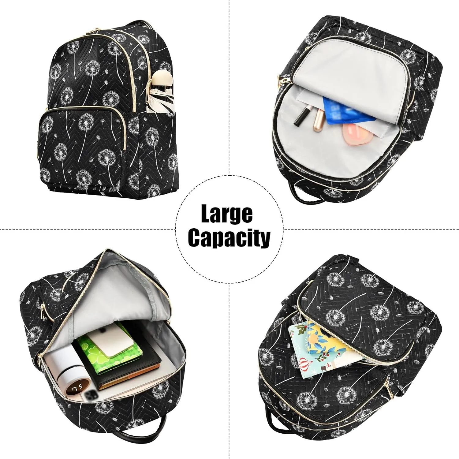 White Dandelion Print Fashion Backpack Purse for Women, Casual Daypacks, Ladies Gift for Traveling Hiking