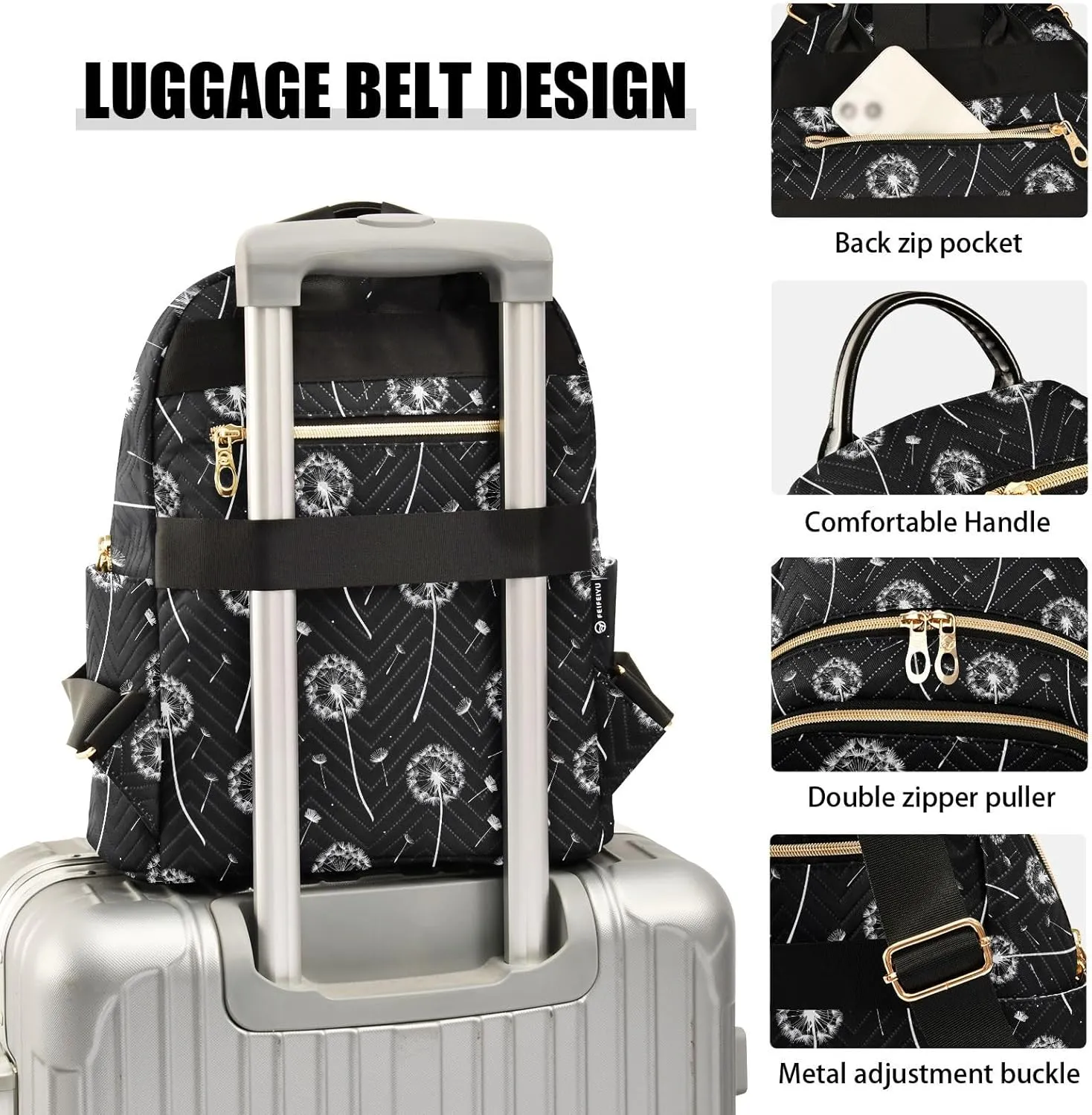 White Dandelion Print Fashion Backpack Purse for Women, Casual Daypacks, Ladies Gift for Traveling Hiking