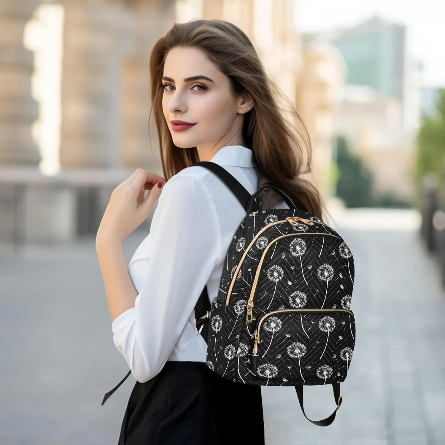 White Dandelion Print Fashion Backpack Purse for Women, Casual Daypacks, Ladies Gift for Traveling Hiking