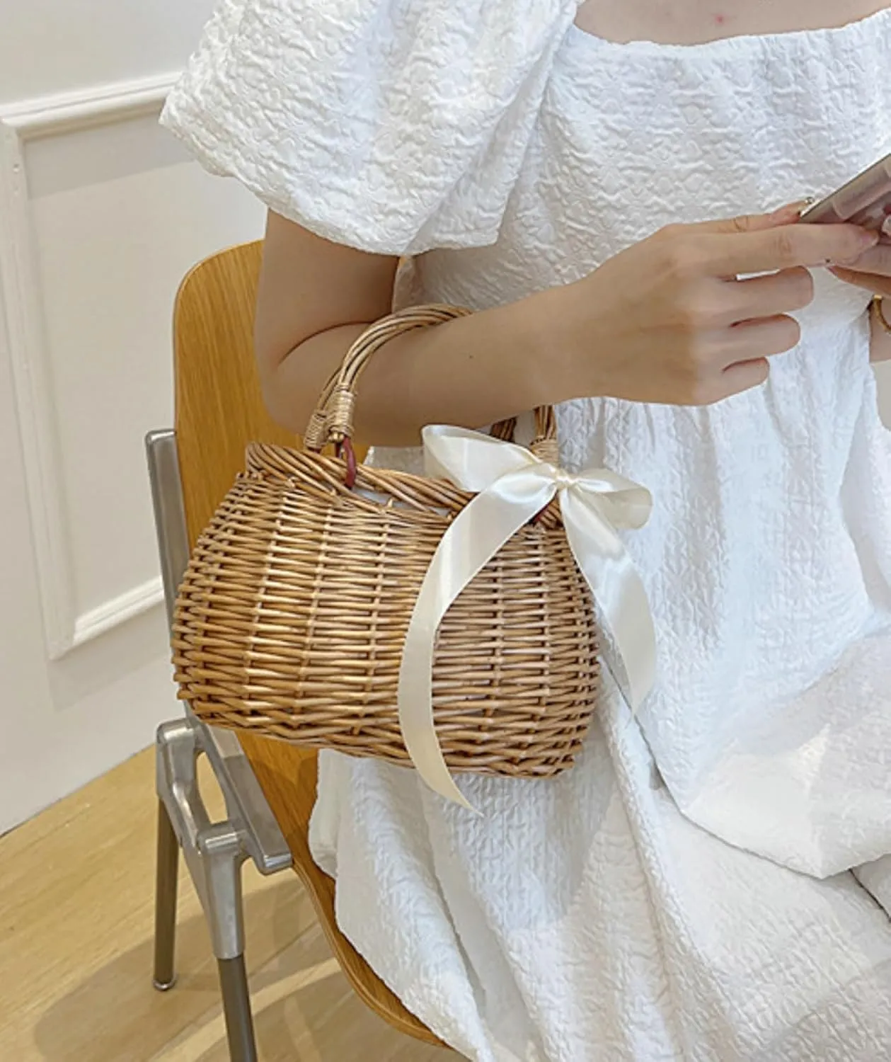 Wicker Basket Lace Ribbon Handbag Vacation Wedding Woven Handbag Drawstring Inner Pouch Daily Use Gift
