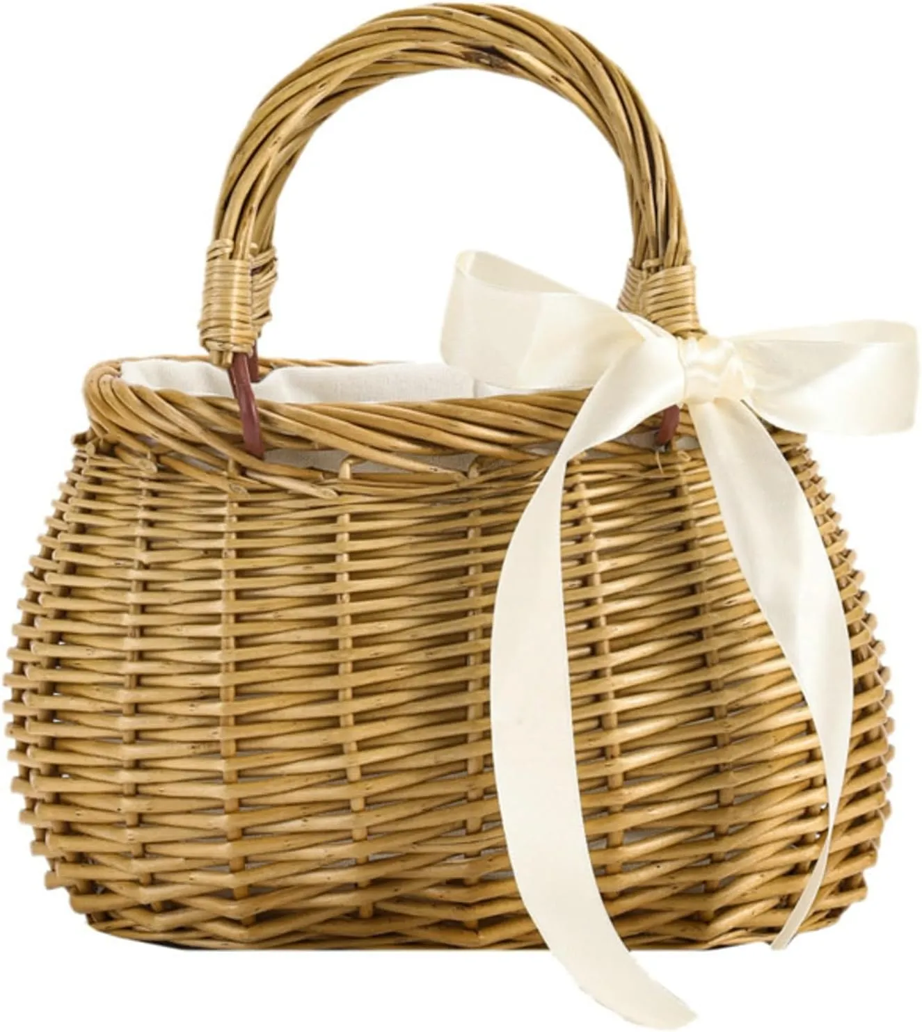 Wicker Basket Lace Ribbon Handbag Vacation Wedding Woven Handbag Drawstring Inner Pouch Daily Use Gift