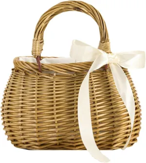 Wicker Basket Lace Ribbon Handbag Vacation Wedding Woven Handbag Drawstring Inner Pouch Daily Use Gift