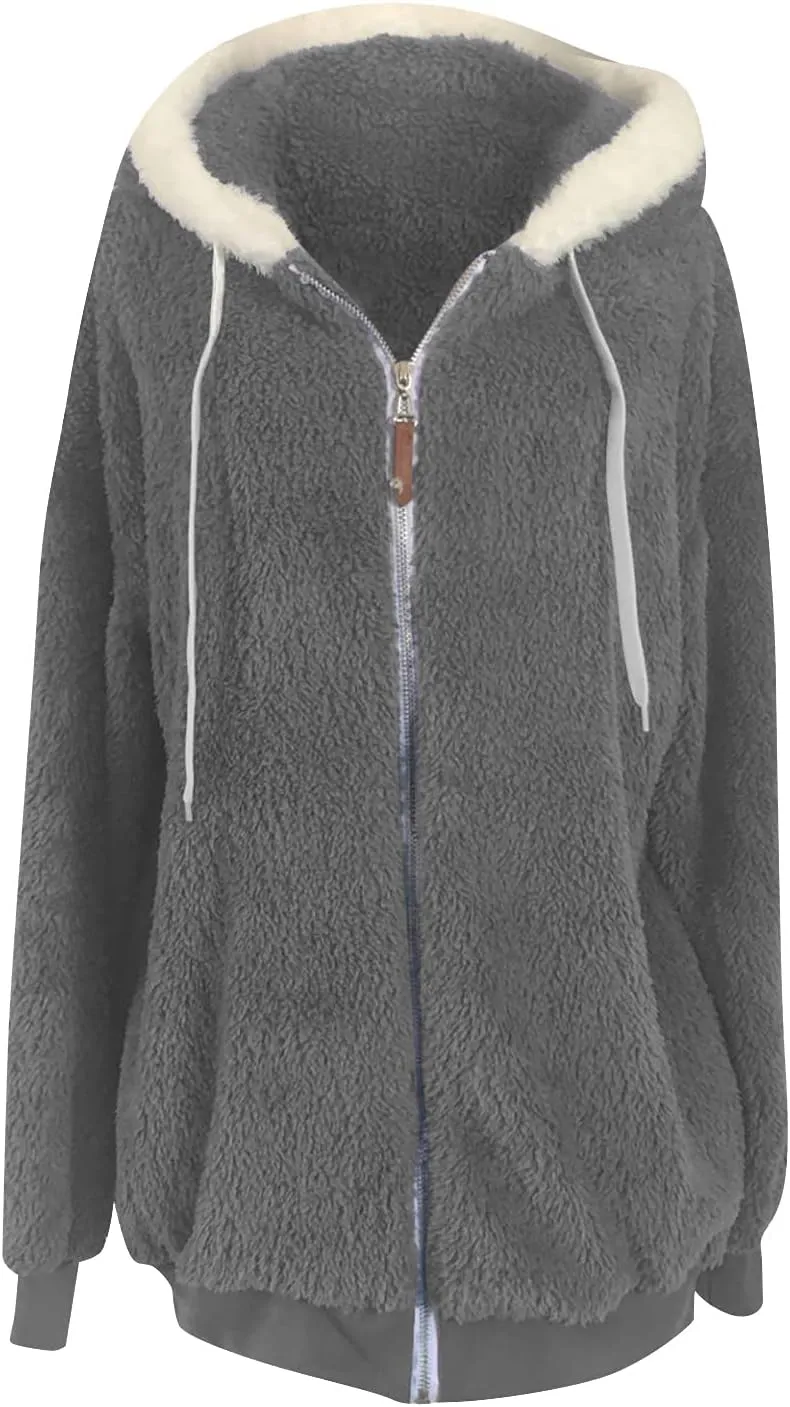 Winter Coats for Women Fuzzy Fleece Jacket Zipper Hooded Color Block Patchwork Cardigan Sherpa Outerwear with Pocket