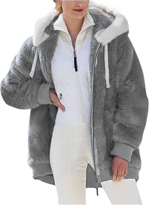 Winter Coats for Women Fuzzy Fleece Jacket Zipper Hooded Color Block Patchwork Cardigan Sherpa Outerwear with Pocket