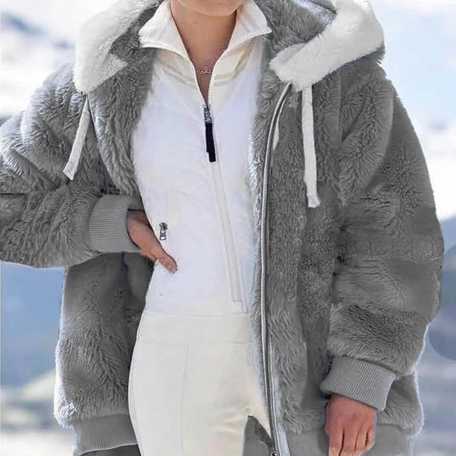 Winter Coats for Women Fuzzy Fleece Jacket Zipper Hooded Color Block Patchwork Cardigan Sherpa Outerwear with Pocket