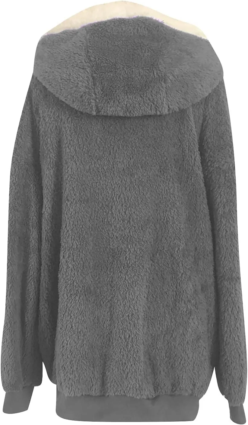 Winter Coats for Women Fuzzy Fleece Jacket Zipper Hooded Color Block Patchwork Cardigan Sherpa Outerwear with Pocket