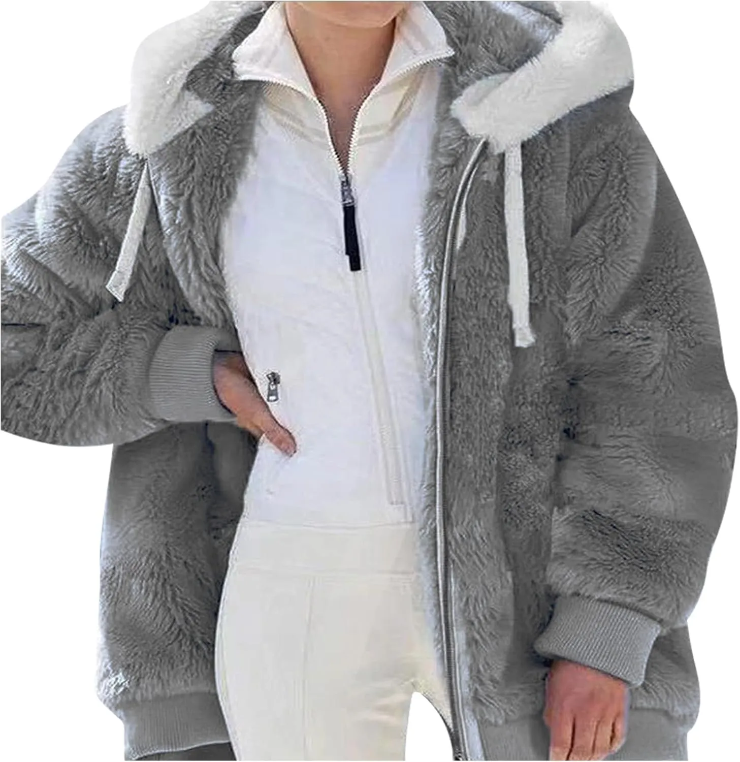 Winter Coats for Women Fuzzy Fleece Jacket Zipper Hooded Color Block Patchwork Cardigan Sherpa Outerwear with Pocket