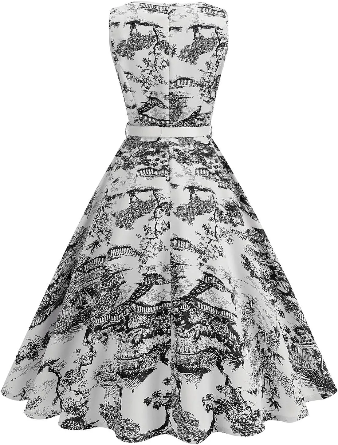 Women 1950s Vintage Rockabilly Cocktail Swing Dress Pinup 50s Retro Hepburn V Neck Sleeveless Print A-Line Belted Dress