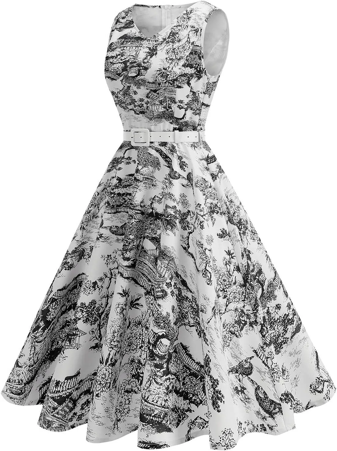 Women 1950s Vintage Rockabilly Cocktail Swing Dress Pinup 50s Retro Hepburn V Neck Sleeveless Print A-Line Belted Dress