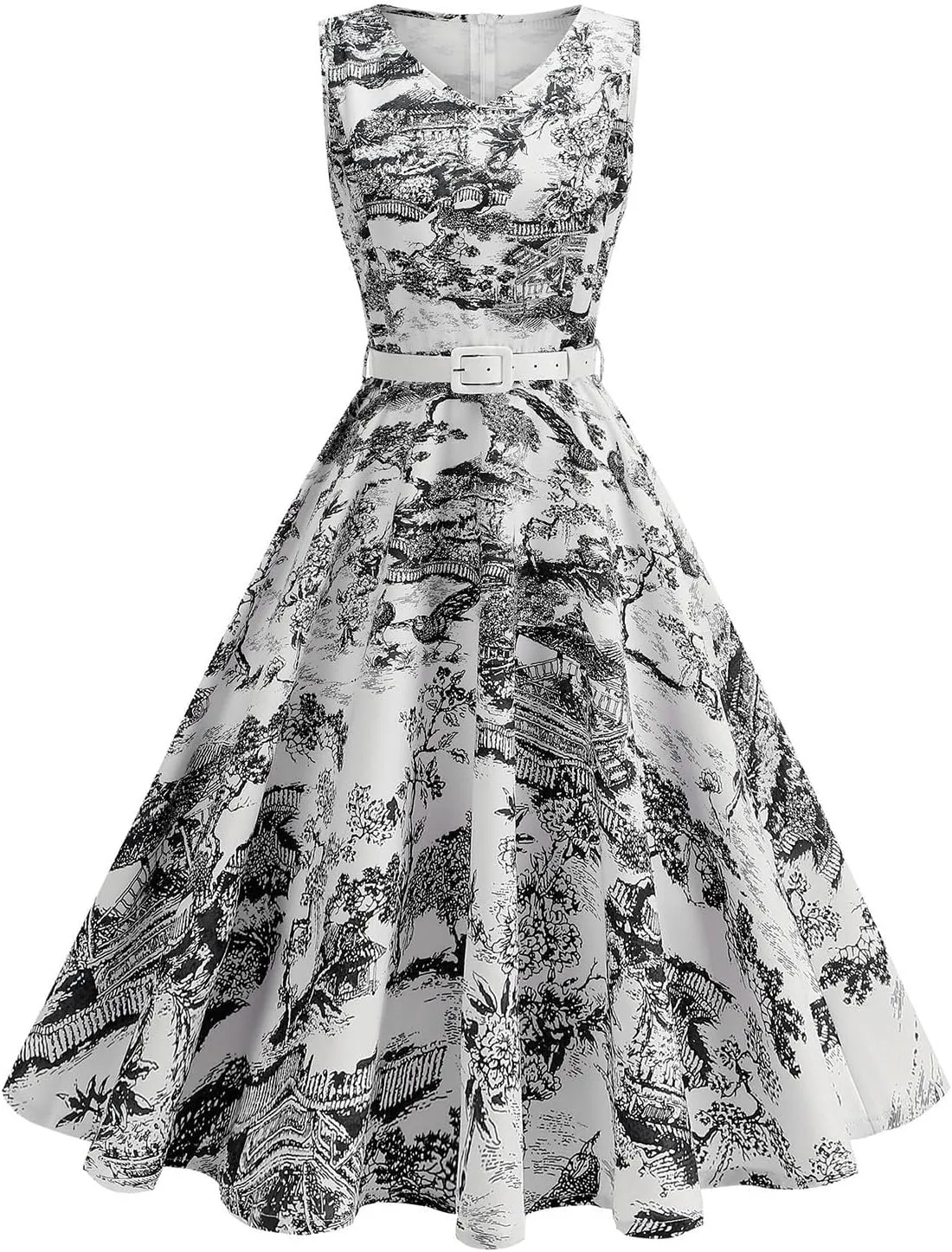Women 1950s Vintage Rockabilly Cocktail Swing Dress Pinup 50s Retro Hepburn V Neck Sleeveless Print A-Line Belted Dress