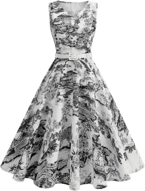 Women 1950s Vintage Rockabilly Cocktail Swing Dress Pinup 50s Retro Hepburn V Neck Sleeveless Print A-Line Belted Dress