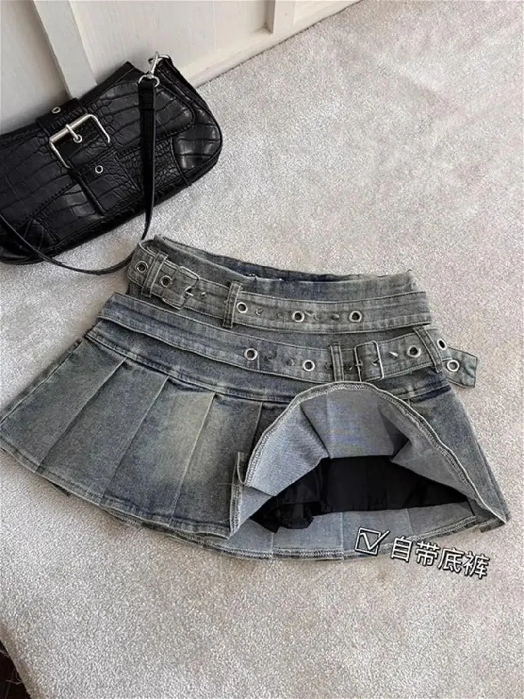 Women American Vintage Streetwear Denim Skirts Belt Buckle High Waist Pleated Skirts