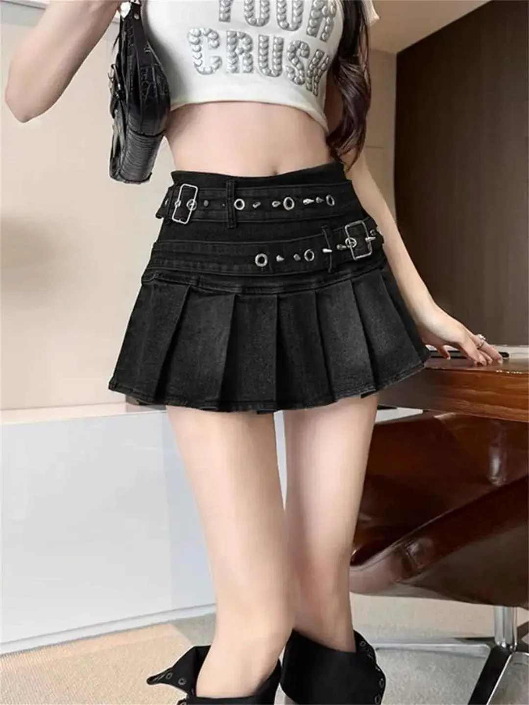 Women American Vintage Streetwear Denim Skirts Belt Buckle High Waist Pleated Skirts